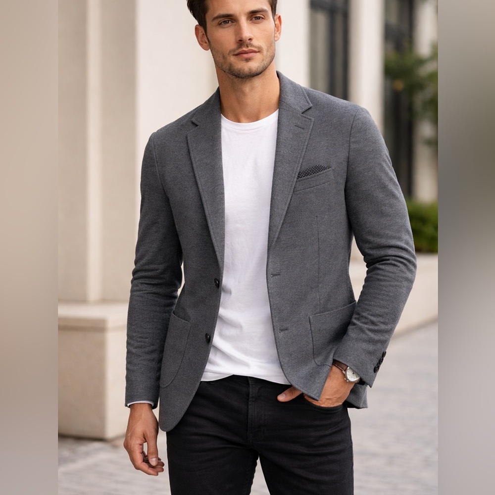 Artifact Knit Blazer Gray Stretch Casual Suit Jacket Men Size M